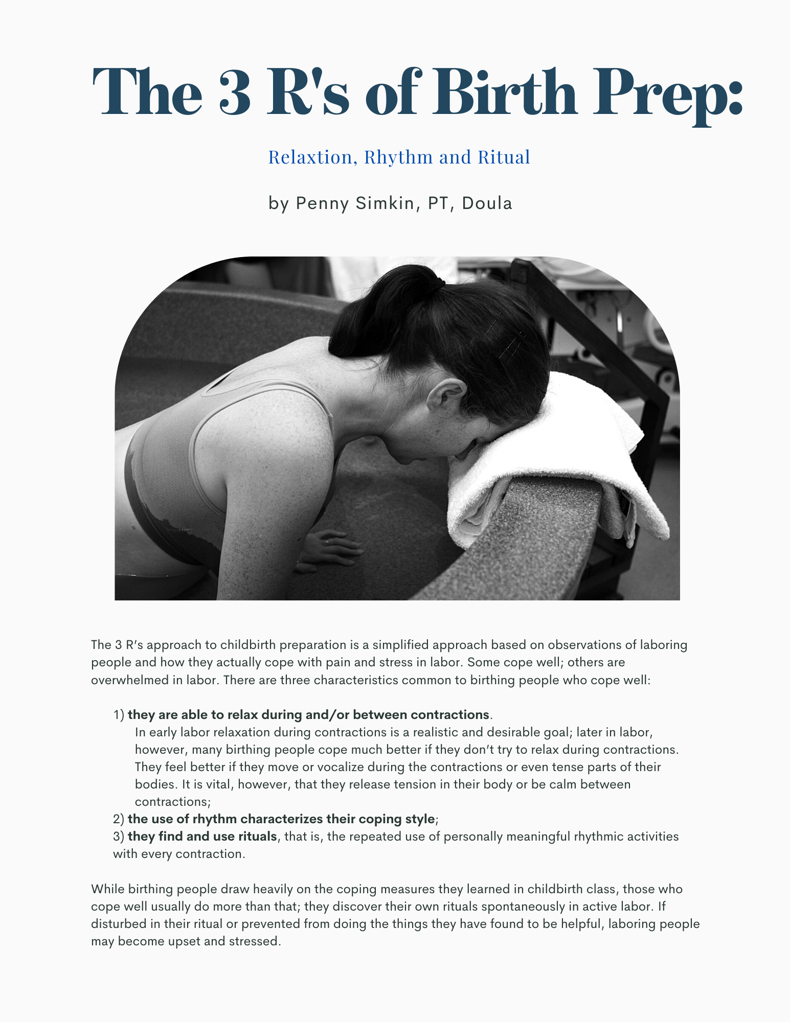 Text titled "The 3 R's of Birth Prep: Relaxation, Rhythm and Ritual" by Penny Simkin. Features an image of a woman in labor using a birthing tub for relaxation, alongside text explaining the birth preparation method emphasizing relaxation, rhythm, an
