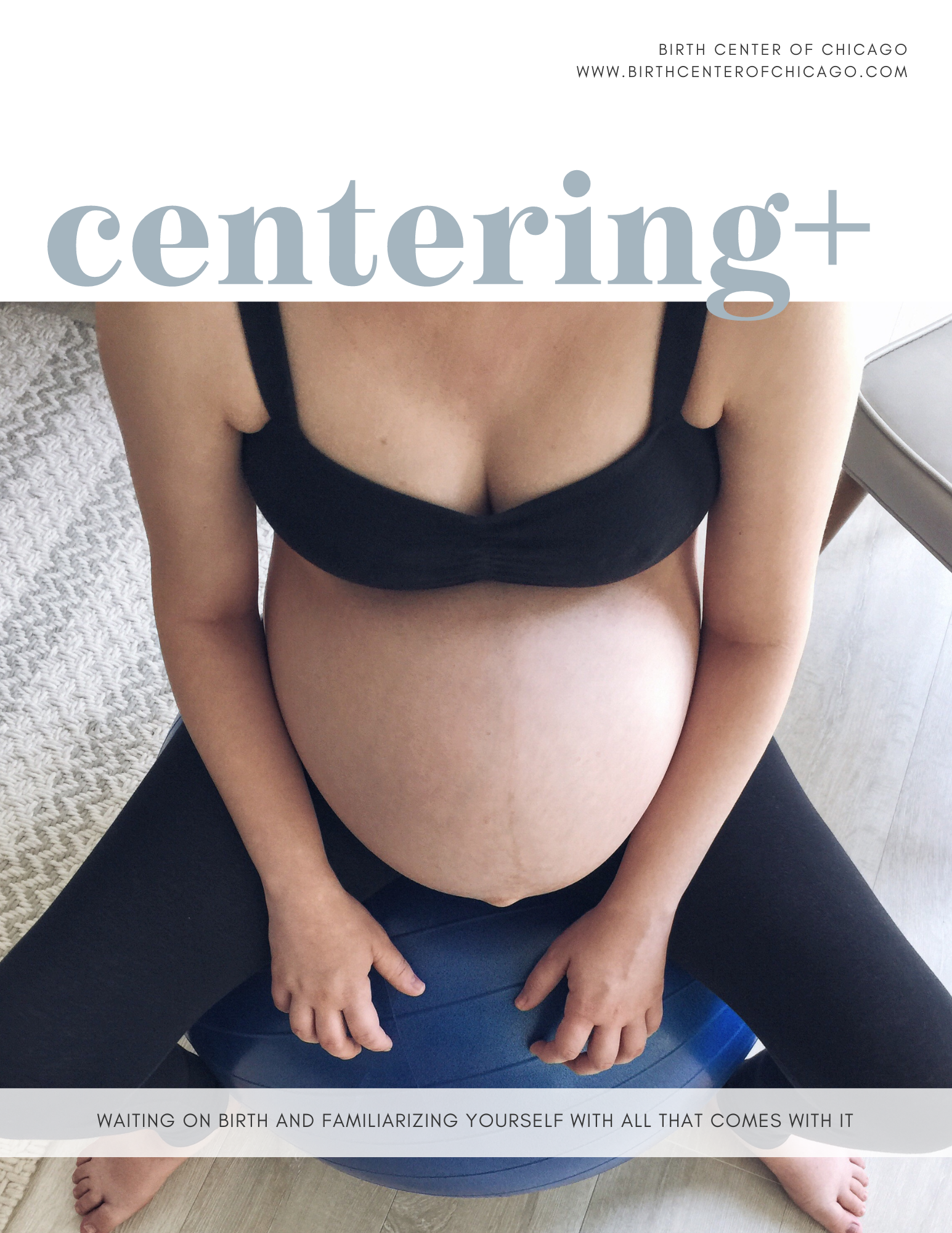 Pregnant woman sitting on exercise ball, part of a birth center advertisement emphasizing centering and birth preparation.