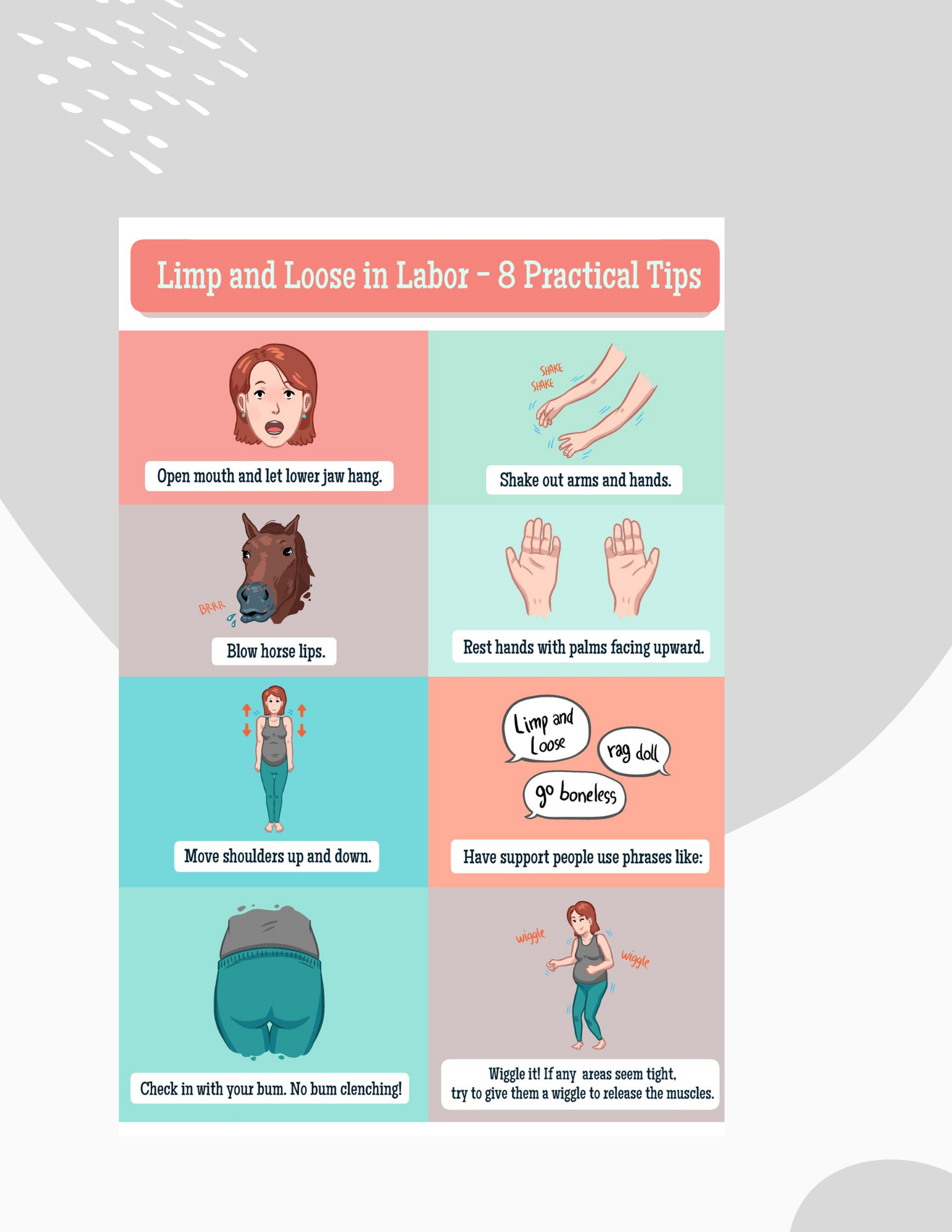 Illustration titled 'Limp and Loose in Labor - 8 Practical Tips' with images and tips such as opening mouth, shaking arms, blowing horse lips, moving shoulders, resting hands, using supportive phrases, checking posture, and wiggling to release tensio