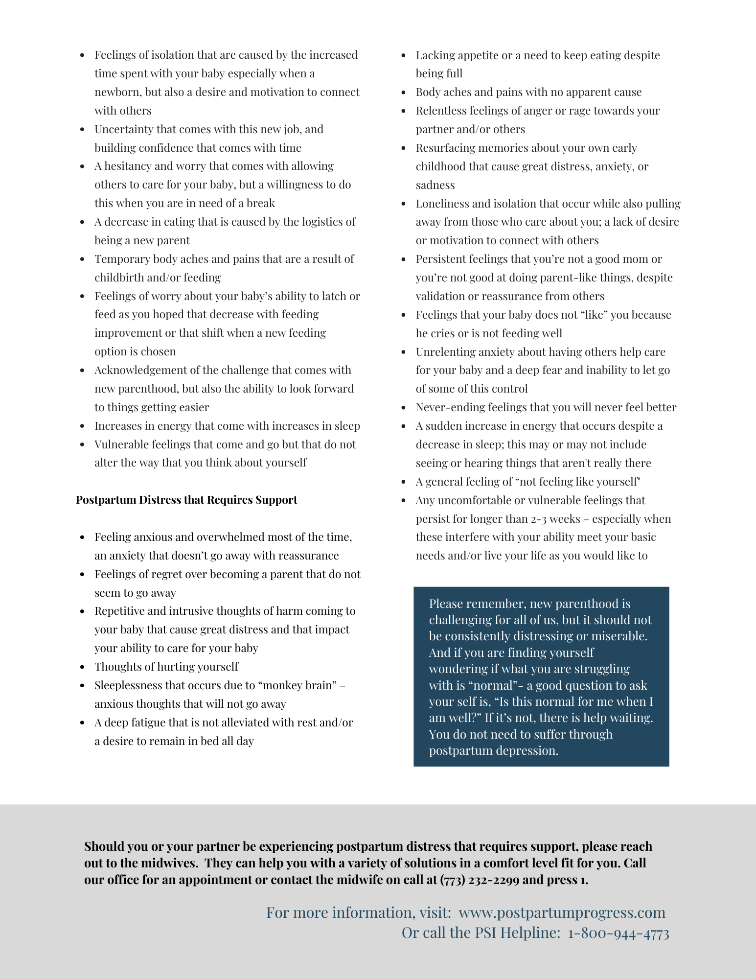 Text discussing postpartum distress symptoms, offering support and resources. It lists feelings like isolation, anxiety, and anger. It provides contact details for help: Postpartum Progress website, a phone number, and PSI helpline.