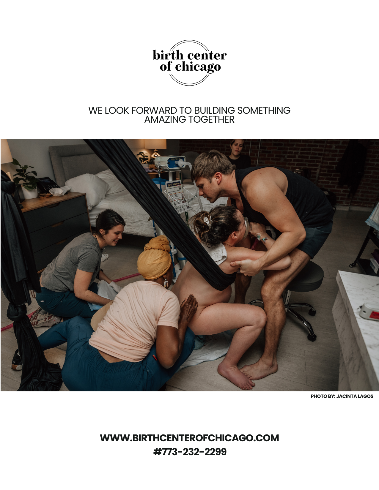 White woman labor with nitrous oxide, her husband support in front, doula support doing hip squeezes, and midwive close by ready to catch her baby being born