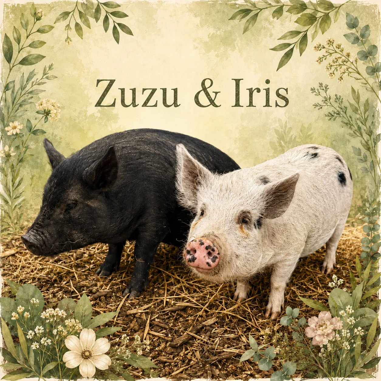 Close-up of four piglets lying on straw bedding, with one piglet's face partially visible at the bottom of the image. The piglets have black and tan coloring.