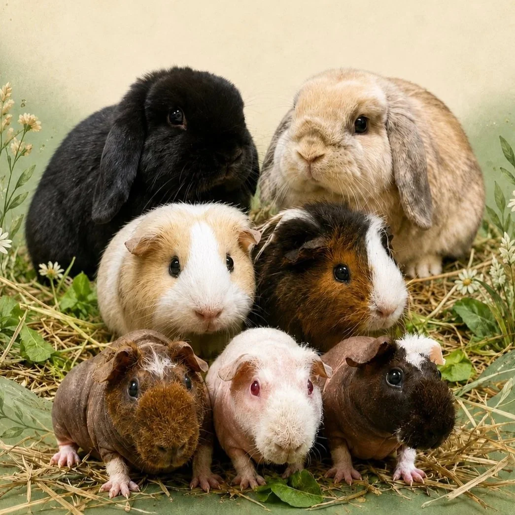 A group of young guinea pigs of various colors including black, white, brown, and spotted, lying on a green surface. They are close together and looking directly at the camera.
