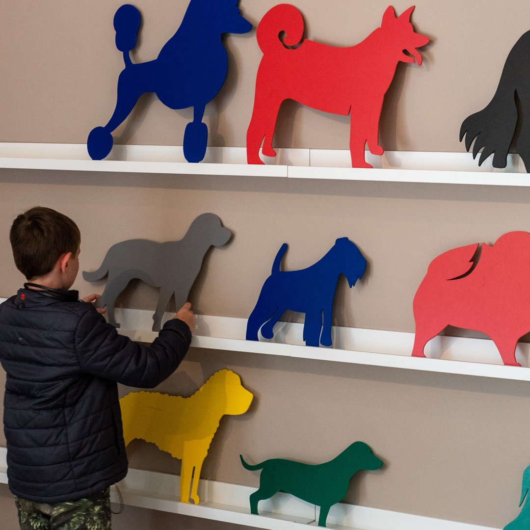 A young visitor interacts with three shelves of large colourful cut-out dogs