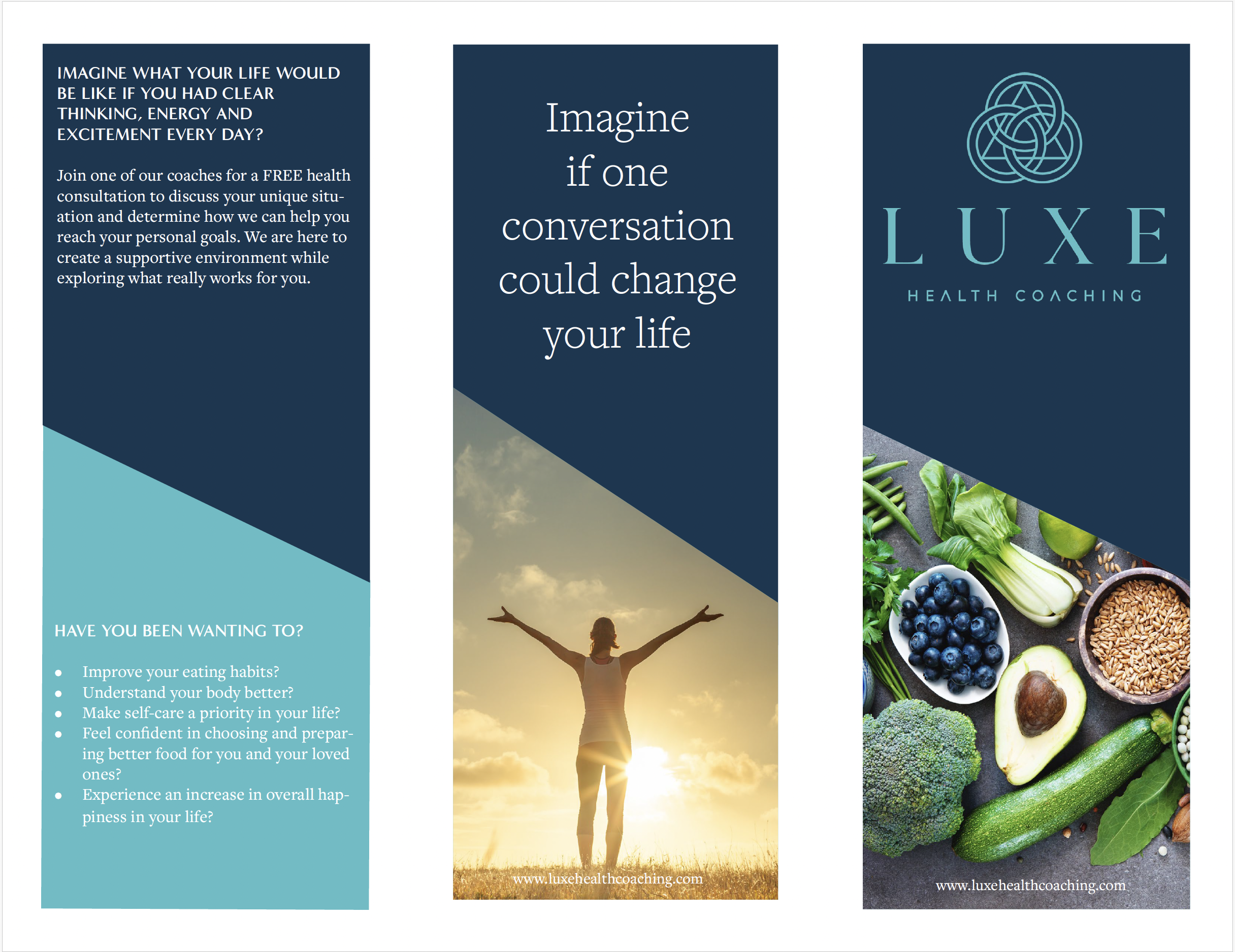 Three vertical banners for Luxe Health Coaching, promoting health coaching services. The first banner has text about clear thinking, energy, and excitement, and asks if you want to improve eating habits and understand your body better. The second banner shows a person with arms raised in a sunset or sunrise with the text about envisioning a life of change through conversation. The third banner features a logo with an intricate geometric design and the words 'Luxe Health Coaching', along with a picture of various fresh vegetables and fruits.