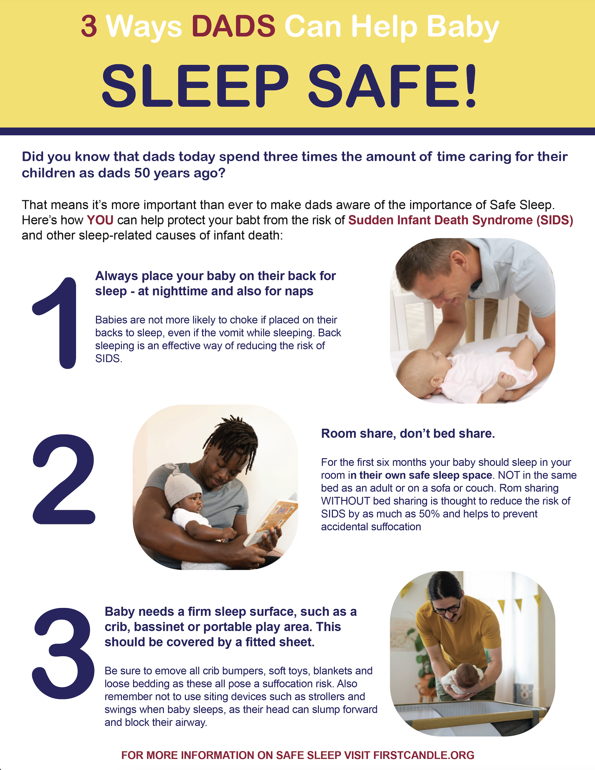 Informational poster titled '3 Ways Dads Can Help Baby Sleep Safe' with three tips: 1. Place the baby on their back to sleep, 2. Share a room but not a bed, 3. Use a firm sleep surface, with corresponding images of a dad with a baby, a dad reading to a baby, and a baby on a firm bed.