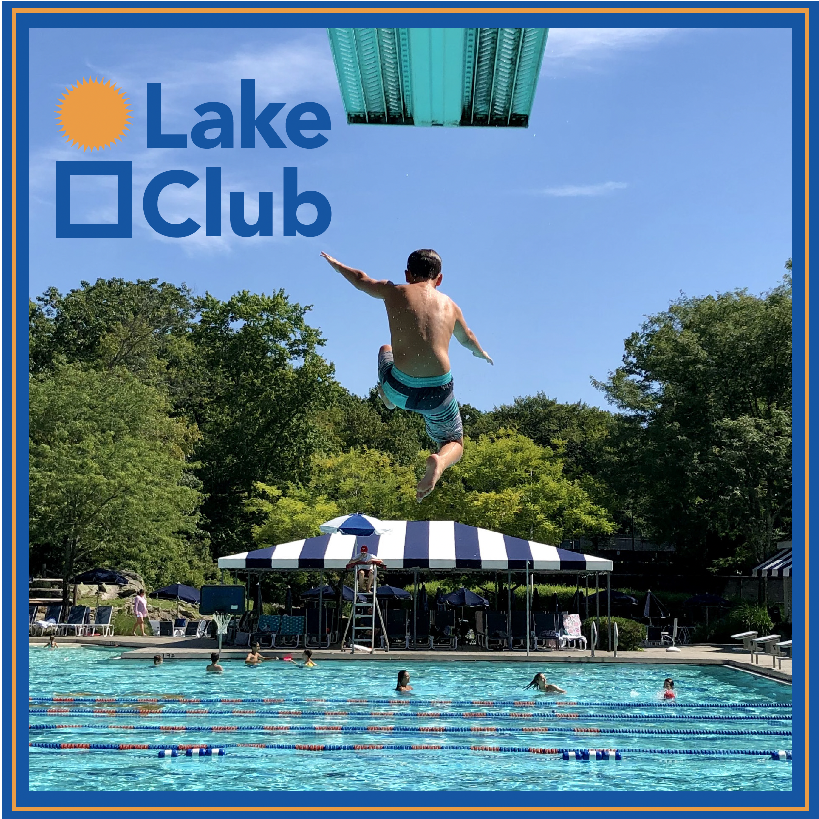 A boy jumping into a swimming pool with a diving board. The pool area has lounge chairs, umbrellas, and a lifeguard on duty. Trees and a clear blue sky are in the background. Text on the image reads "Lake Club" with a sun icon.