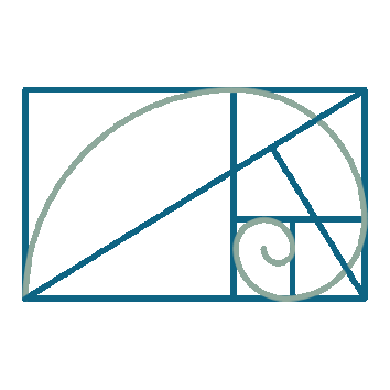 Diagram of the Fibonacci spiral within a golden rectangle, including geometric lines and a quarter circle illustrating the golden ratio.