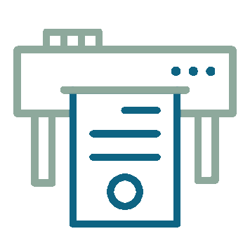 Outline drawing of a photocopier with a sheet of paper coming out.