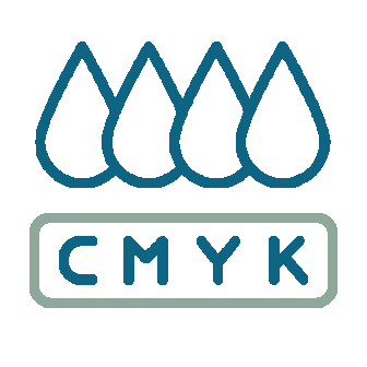 Four water droplets above the text 'CMYK' inside a rounded rectangle.