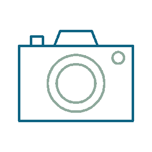 Outline illustration of a camera with a large lens and a viewfinder on top.
