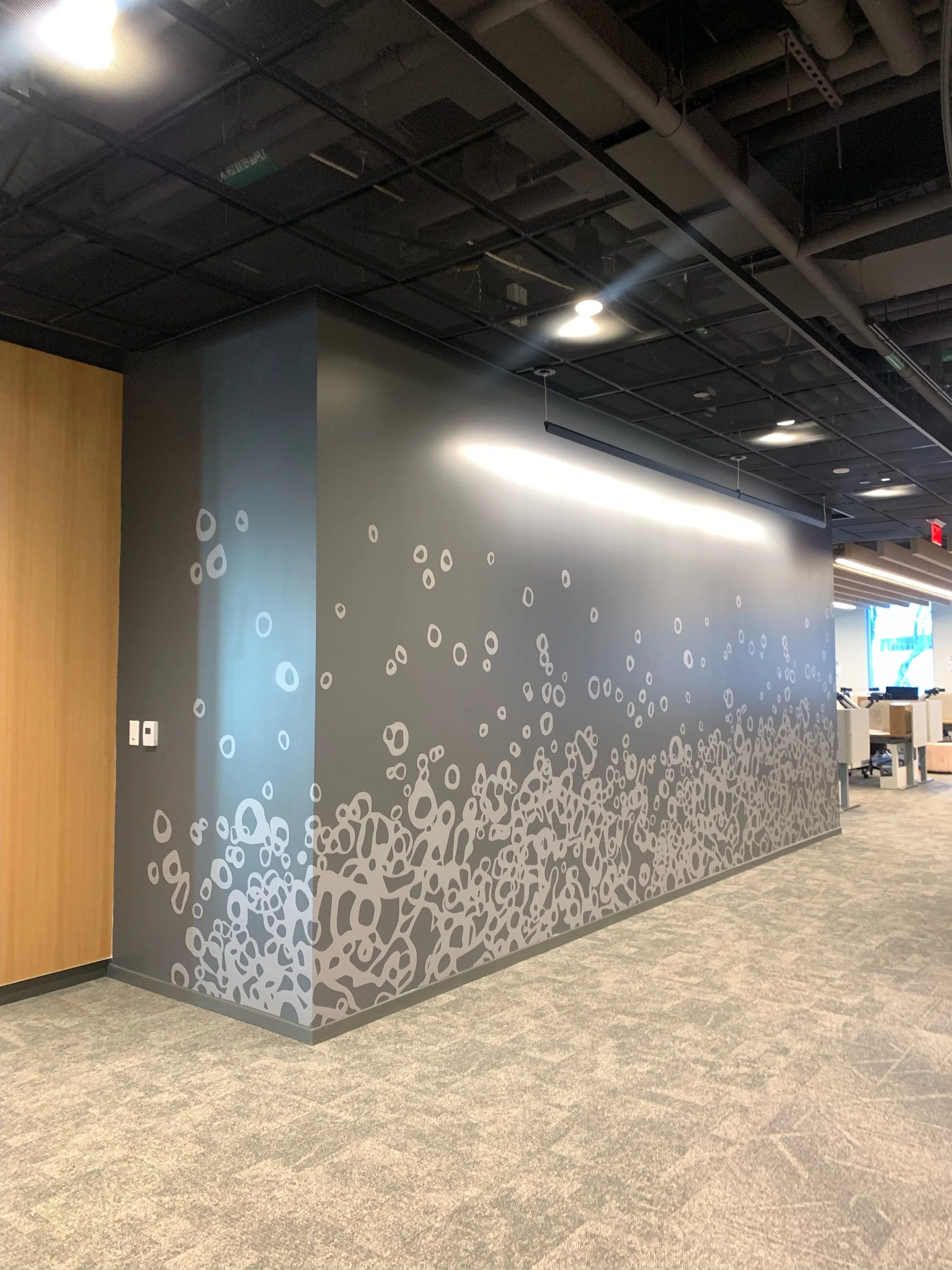 Plotted light gray vinyl graphics on a dark gray wall