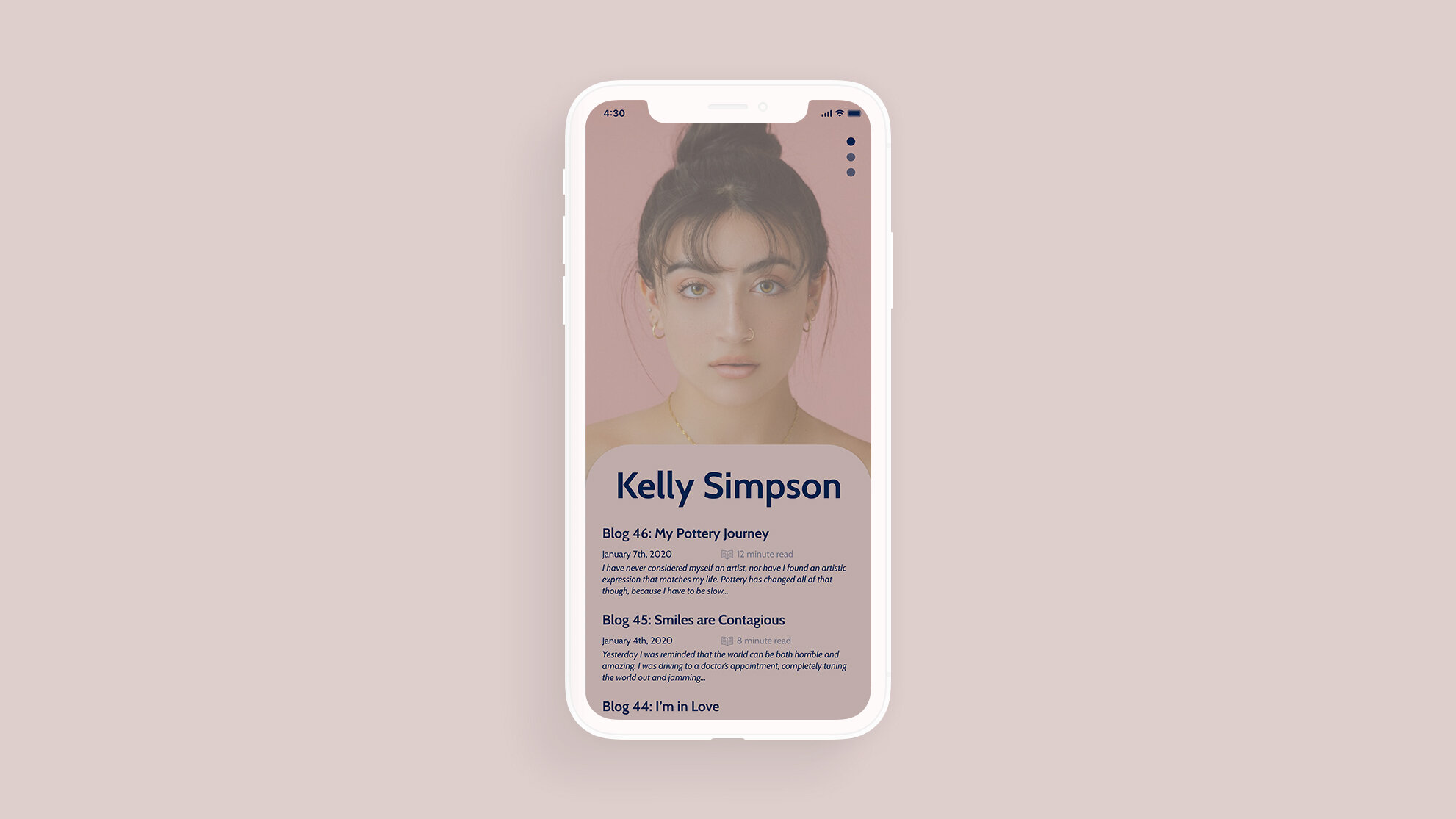 User Profile: I was tasked with creating a user profile. I chose to dive into a blog style, which I kept simple, but informative. Users can see small snippets of the content, and an estimate of how long the blog post will take to read.