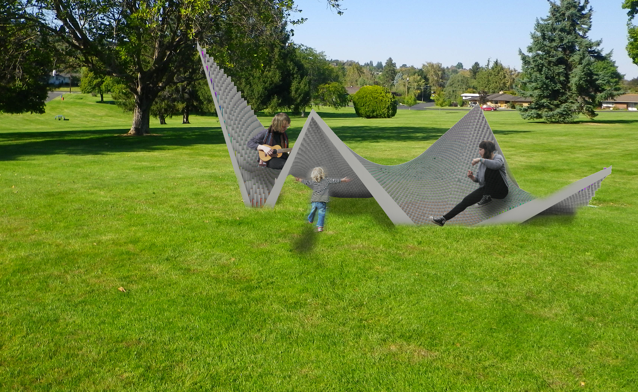 Minimal Surface Furniture: A shared seating area that also functions as a playscape for young children.
