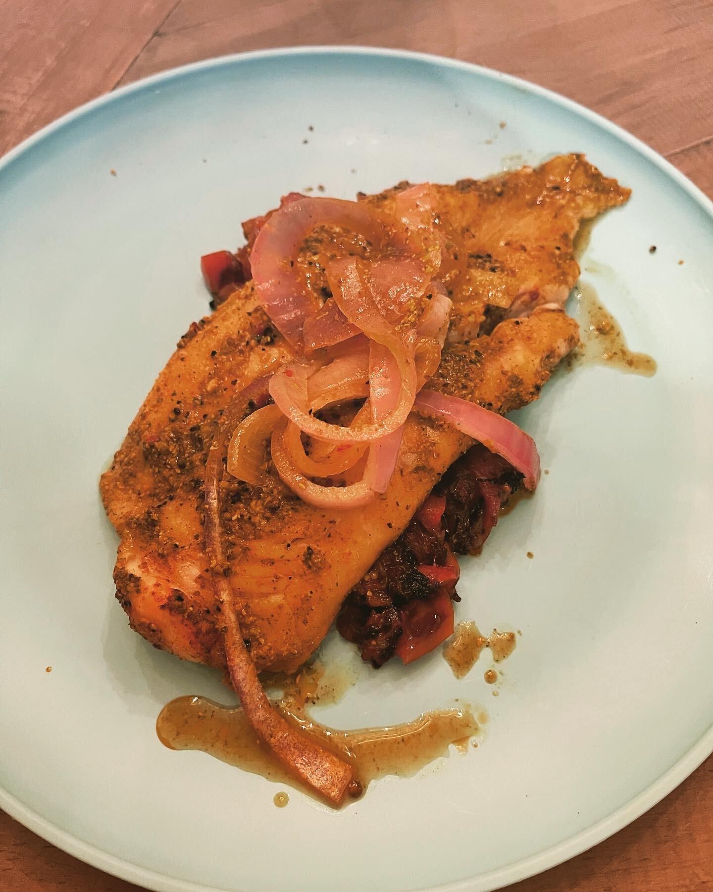 Never made Swai before and also never had the opportunity to cook for @michelle_mathison__ &lsquo;s dad and step mom. Turned out really delicious &mdash; lemon pepper crust Swai, saut&eacute;ed red onion and shakshouka.