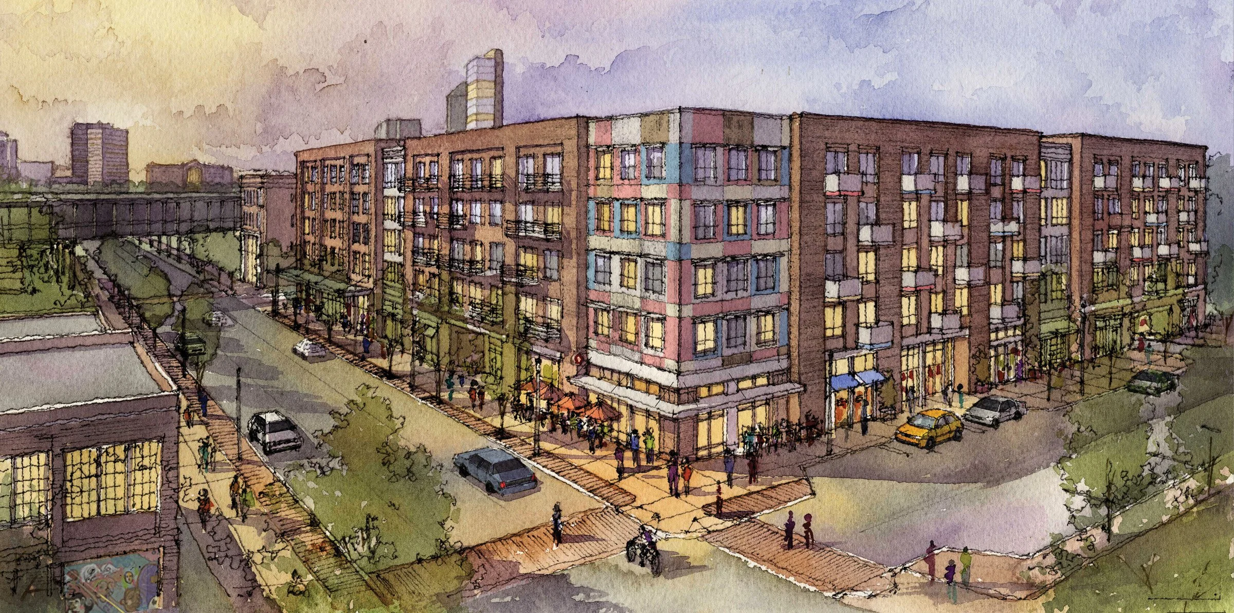 River and Rich initial watercolor rendering, designed by architect, Warren Bath in work with Sullivan Bruck Architects