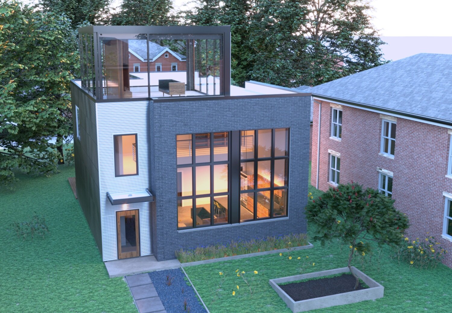 Modern multi-story house with large glass windows, a rooftop patio with glass walls, surrounded by green lawn, trees, neighboring brick building, and a small garden bed with a young tree.
