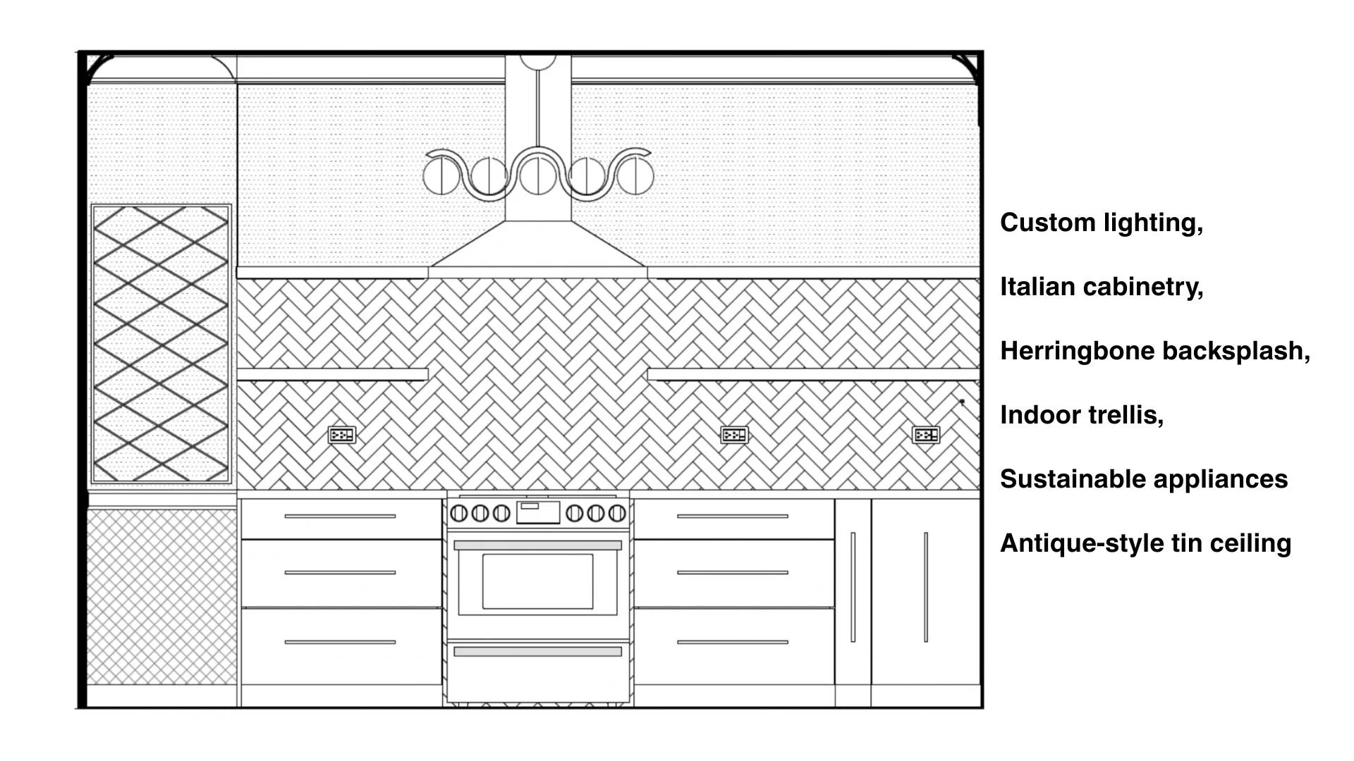 Custom lighting, cabinetry, herringbone backsplash, indoor trellis, and appliances.jpg