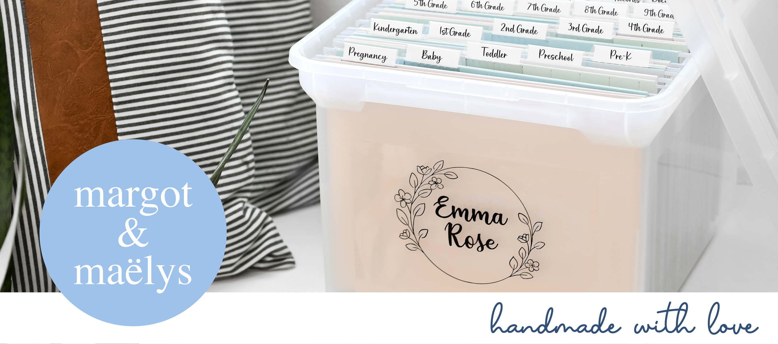 Margot & Maëlys logo and personalized keepsake memory boxes designed to organize kids’ school papers and childhood memories.