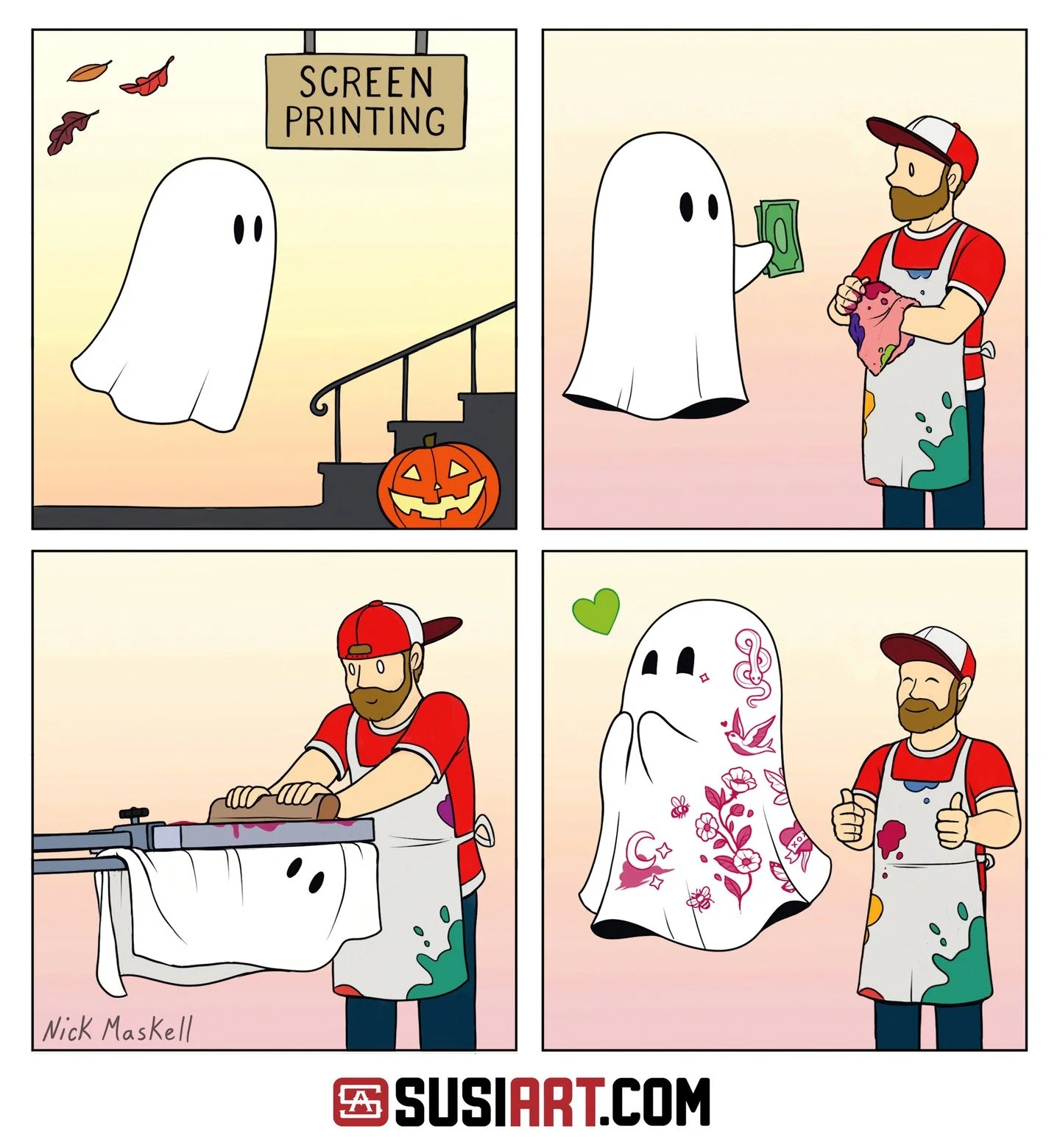 Happy Halloween from all of us here at Susi Art! 🎃 
For a limited time only get 10% off your next order if you are a ghost 👻 Terms & conditions apply.
#screenprint #Halloween #comic #ghost