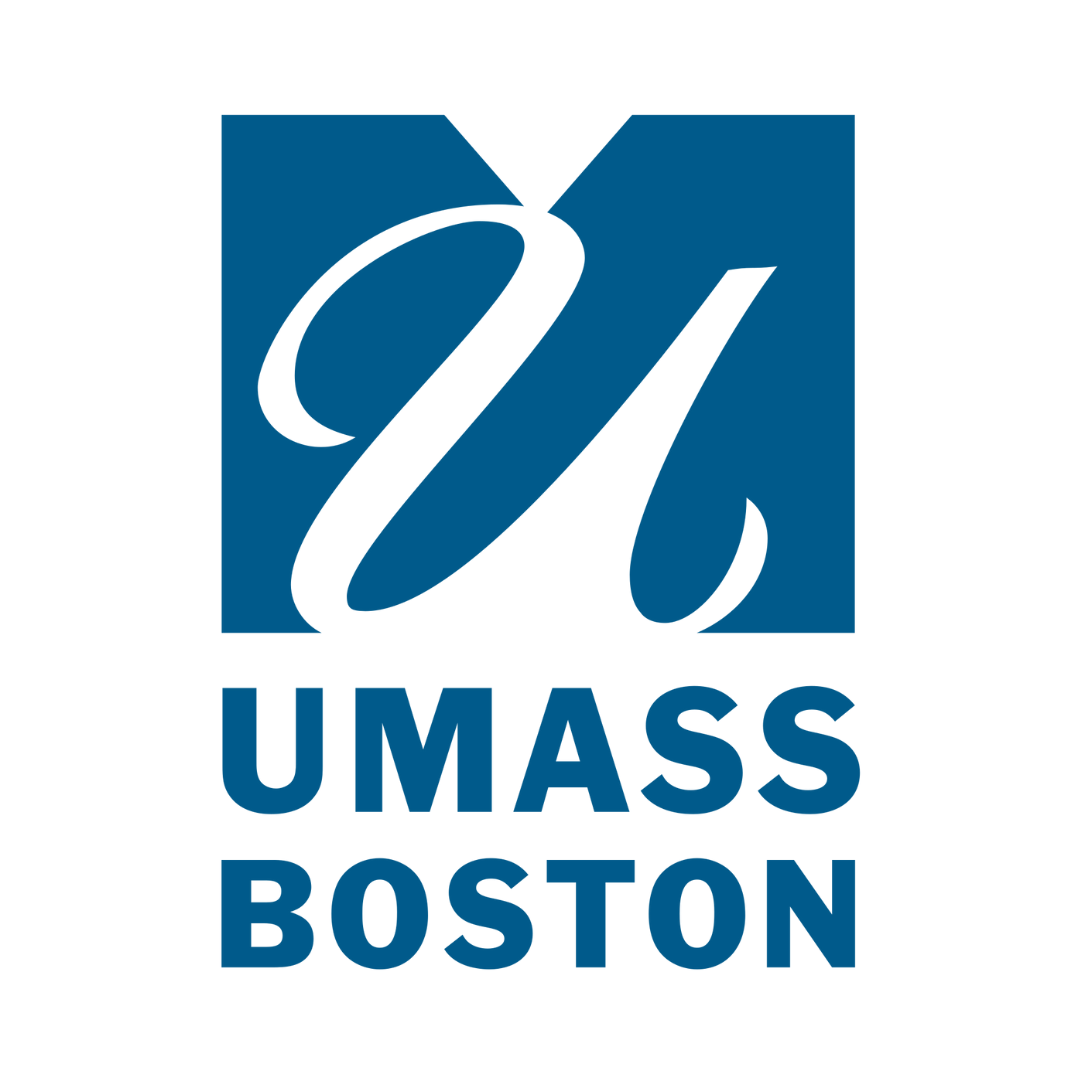 UMass Boston logo with stylized "M" design in blue.