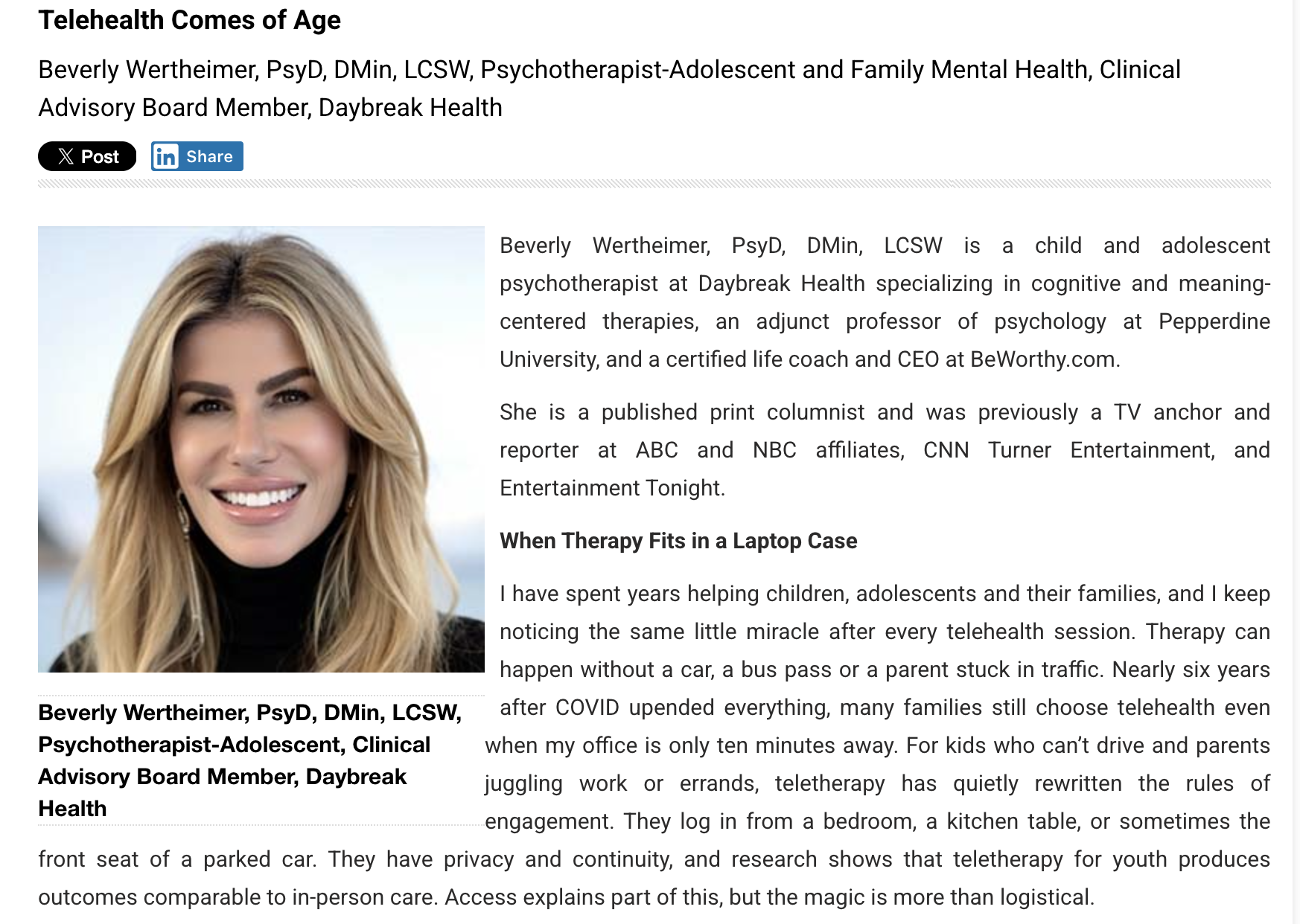 Dr. Beverly Wertheimer's publication in Healthcare Tech Outlook on digital developments that have been winners in online therapy.