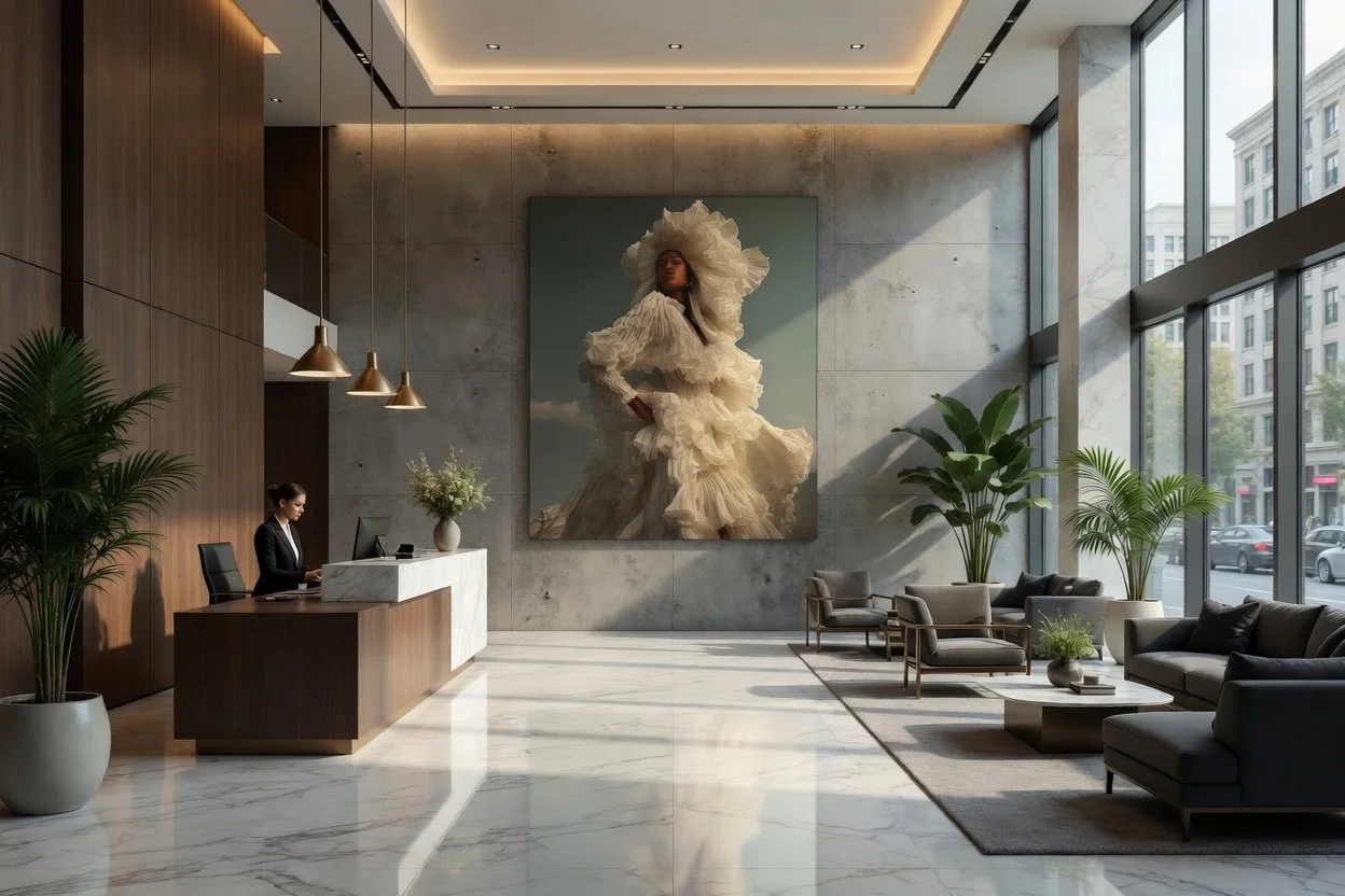 Modern hotel lobby with reception desk, a person working on a computer, large colorful painting of a woman in an elaborate dress, and seating area with sofas and plants near large floor-to-ceiling windows.