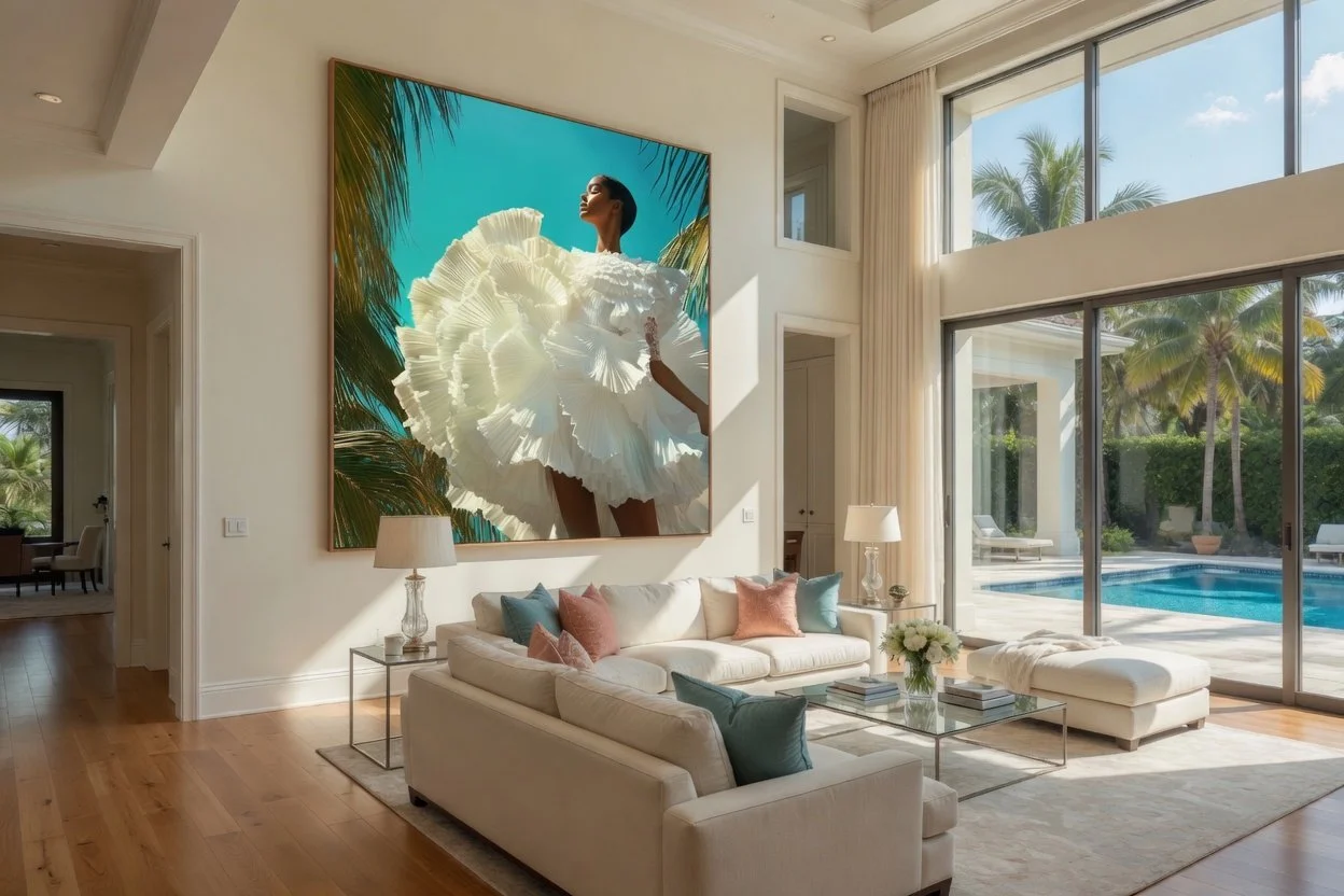 Living room with large painting of a woman in a white dress, beige sofa with colorful pillows, glass coffee table, side tables with lamps, large glass doors leading to outdoor pool and palm trees.
