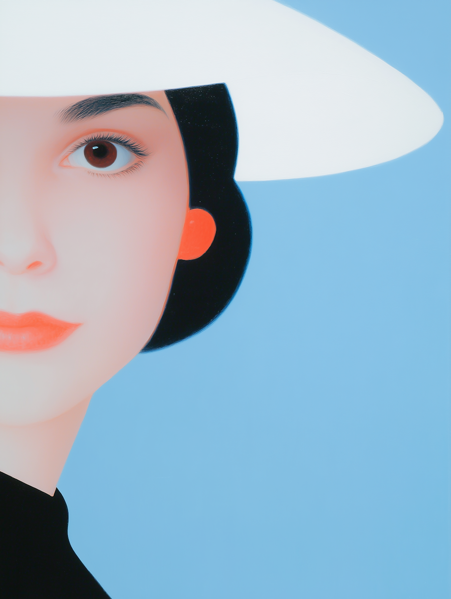 Close-up of a stylized female face with makeup, wearing a large white hat with a wide brim, against a light blue background.