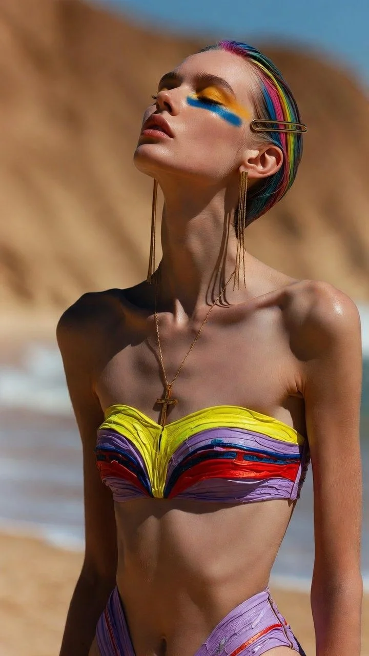 A woman with rainbow-colored hair and colorful makeup standing on a beach with a rocky cliff in the background. She's wearing a strapless, rainbow-striped top and matching bottoms, with a gold cross necklace and long earrings.