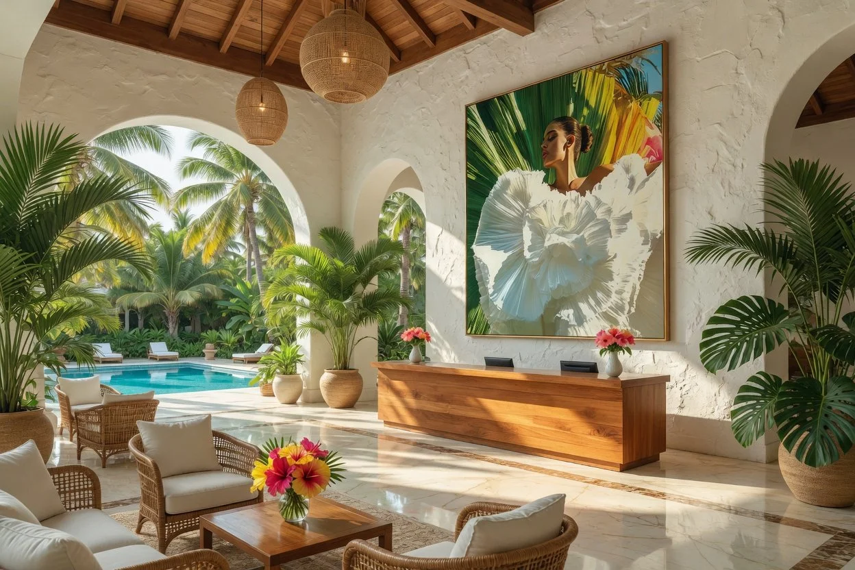 Indoor lounge area with large tropical plants, natural wooden furniture, a reception desk, and a large colorful portrait of a woman in a white dress. Large arched windows reveal an outdoor pool surrounded by palm trees.