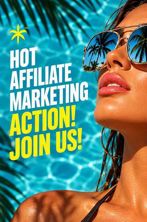 Sun-kissed woman wearing sunglasses with palm trees reflected in the lenses, promoting hot affiliate marketing action and encouraging viewers to join.