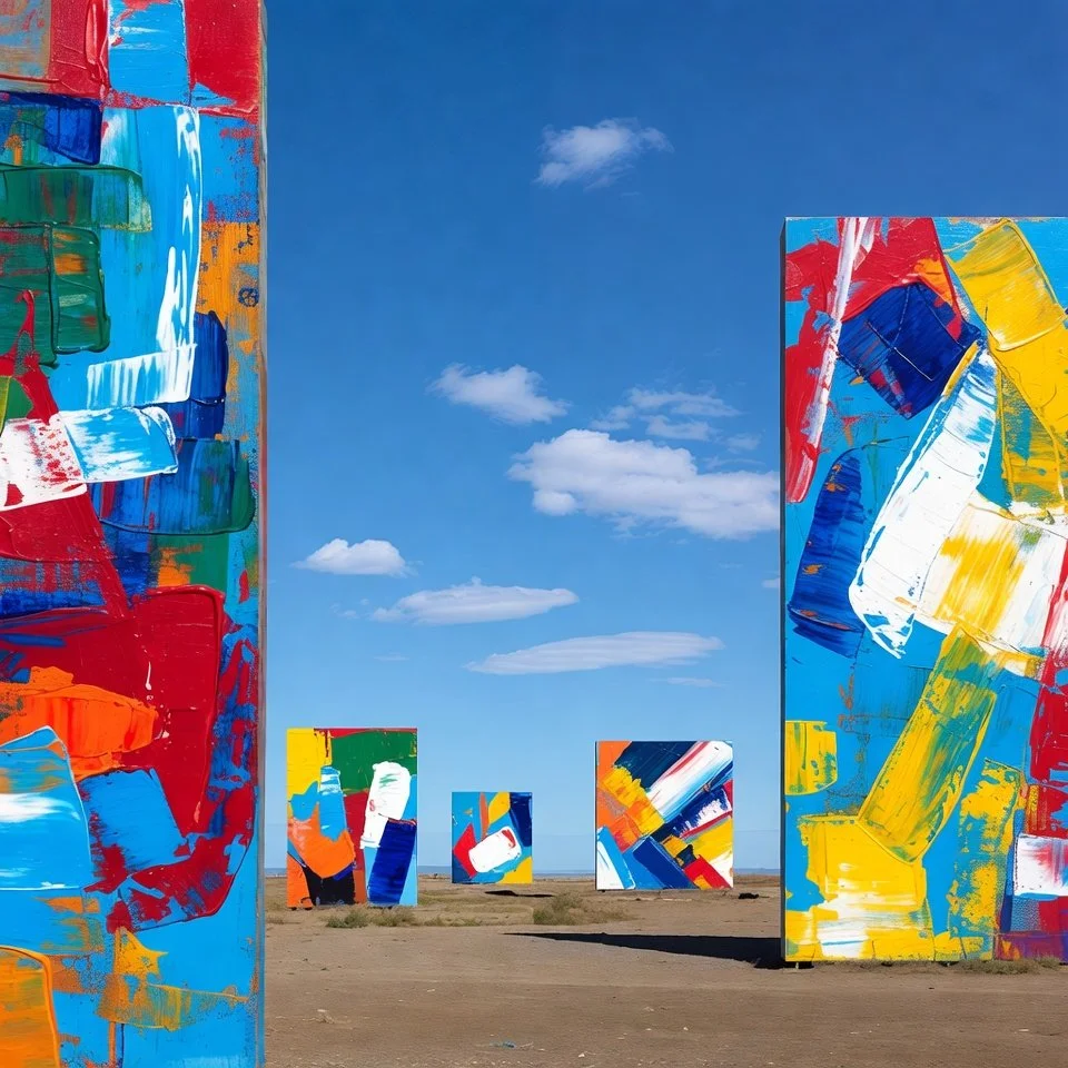 Colorful abstract paintings on large panels displayed outdoors in a desert landscape under a blue sky with clouds.
