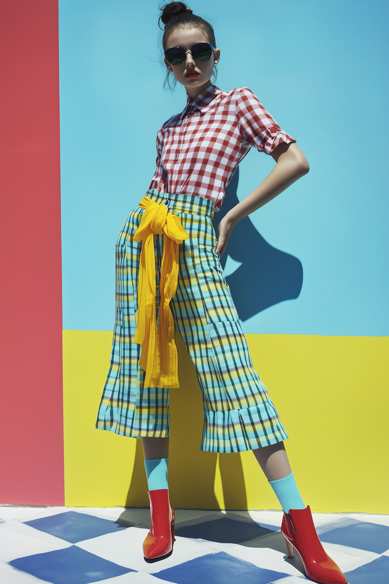 A woman standing outdoors against a colorful background wearing a red and white checkered shirt, plaid yellow and blue wide-leg pants with ruffled hem, red ankle boots, turquoise socks, and large sunglasses, with her hair in a bun.