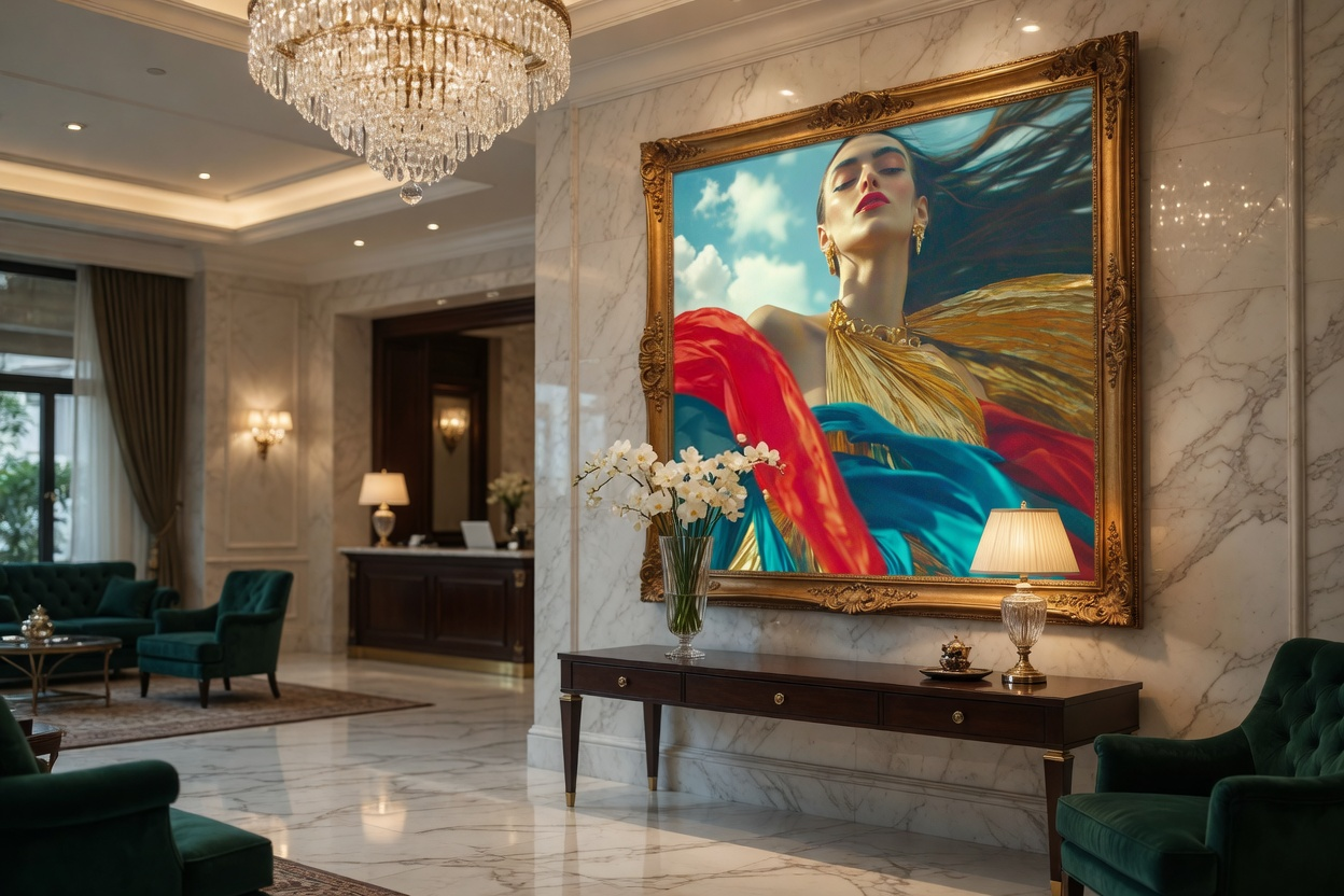 Elegant hotel lobby with marble floors, a large chandelier, framed modern art depicting a woman with flowing hair, a vase of white flowers, and green velvet chairs.