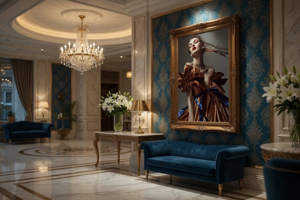 Luxurious hotel lobby with marble floors, ornate blue and gold wallpaper, a grand chandelier, and elegant furniture, including a blue velvet sofa and floral arrangements.