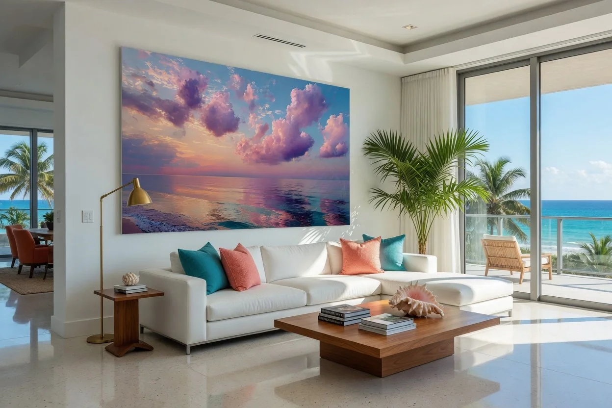 Living room with a large ocean view, white sofa with colorful pillows, a wooden coffee table with books and a shell, a tall green palm plant, and a large ocean sunset painting on the wall.