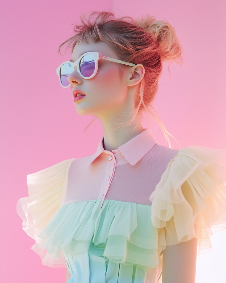 A woman wearing white sunglasses with purple-tinted lenses and a pastel-colored dress with ruffled shoulders stands against a pink background.