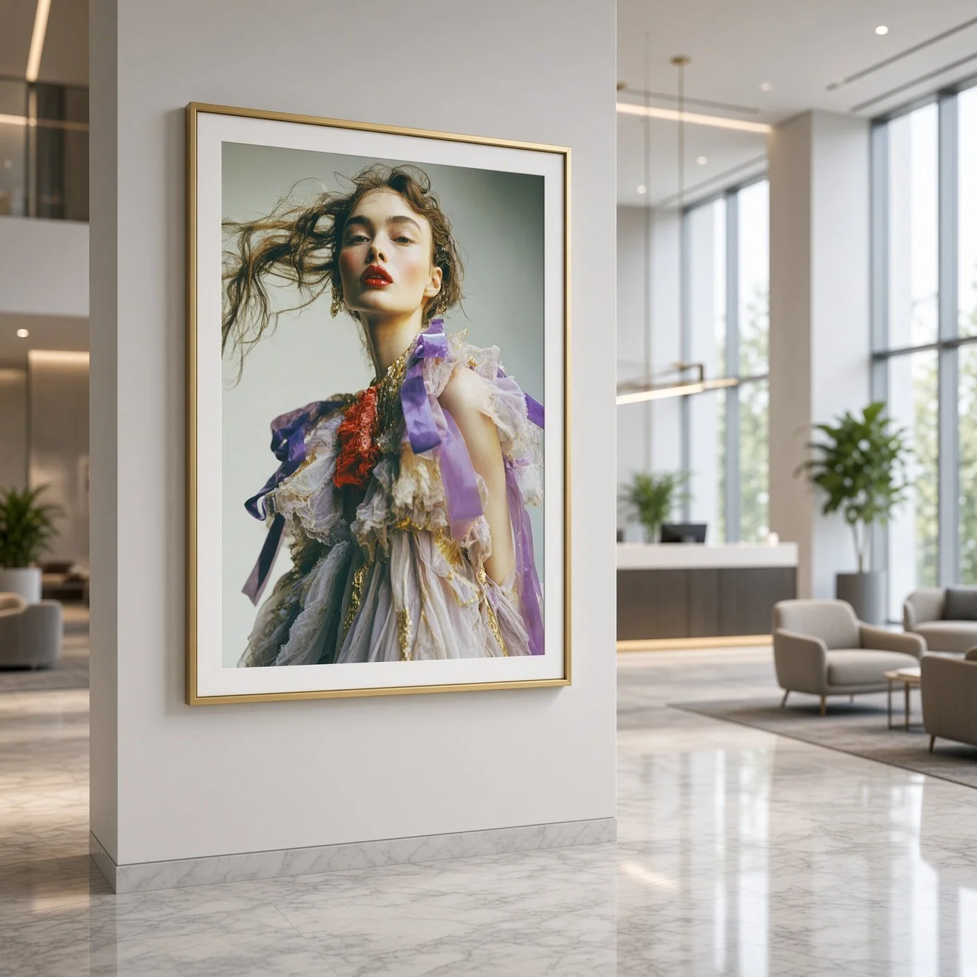 Photograph of a woman with curly hair and red lipstick in an ornate purple, cream, and gold dress with ribbons and lace, displayed on a large framed photo on a white wall in a modern, well-lit lobby with large windows, seating, and plants.