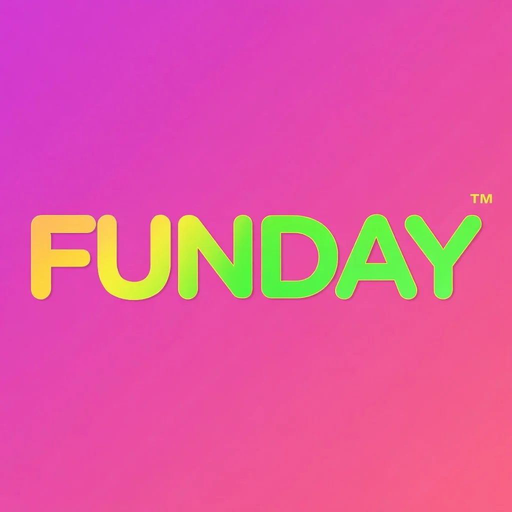 Colorful text says 'FUNDAY' on a pink and purple gradient background.