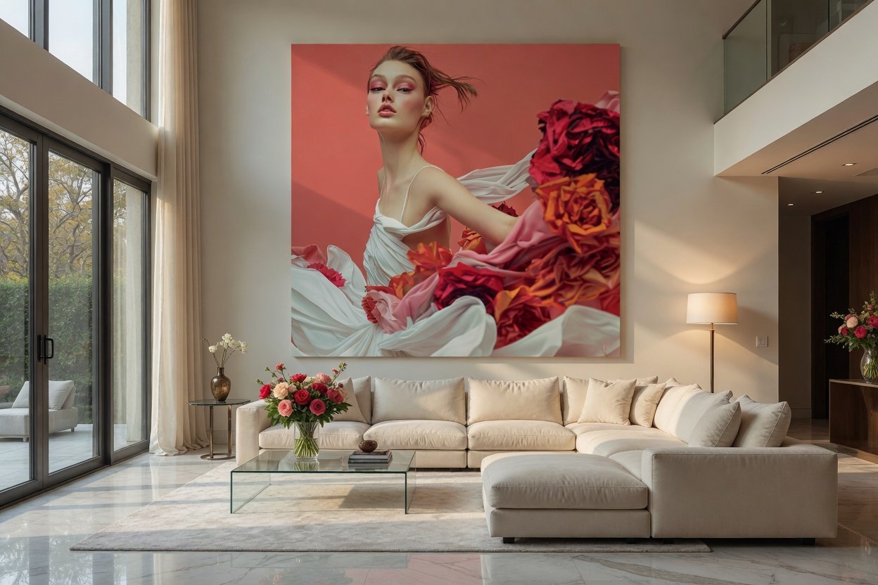Modern living room with a large beige sectional sofa, glass coffee table, and a big floral painting of a woman with flowers on a pink background hanging on the wall.