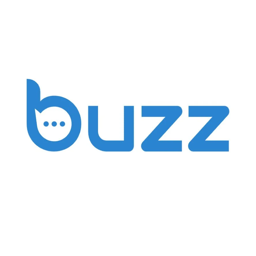 Blue and white logo reading 'buzzz' with a speech bubble containing three dots.