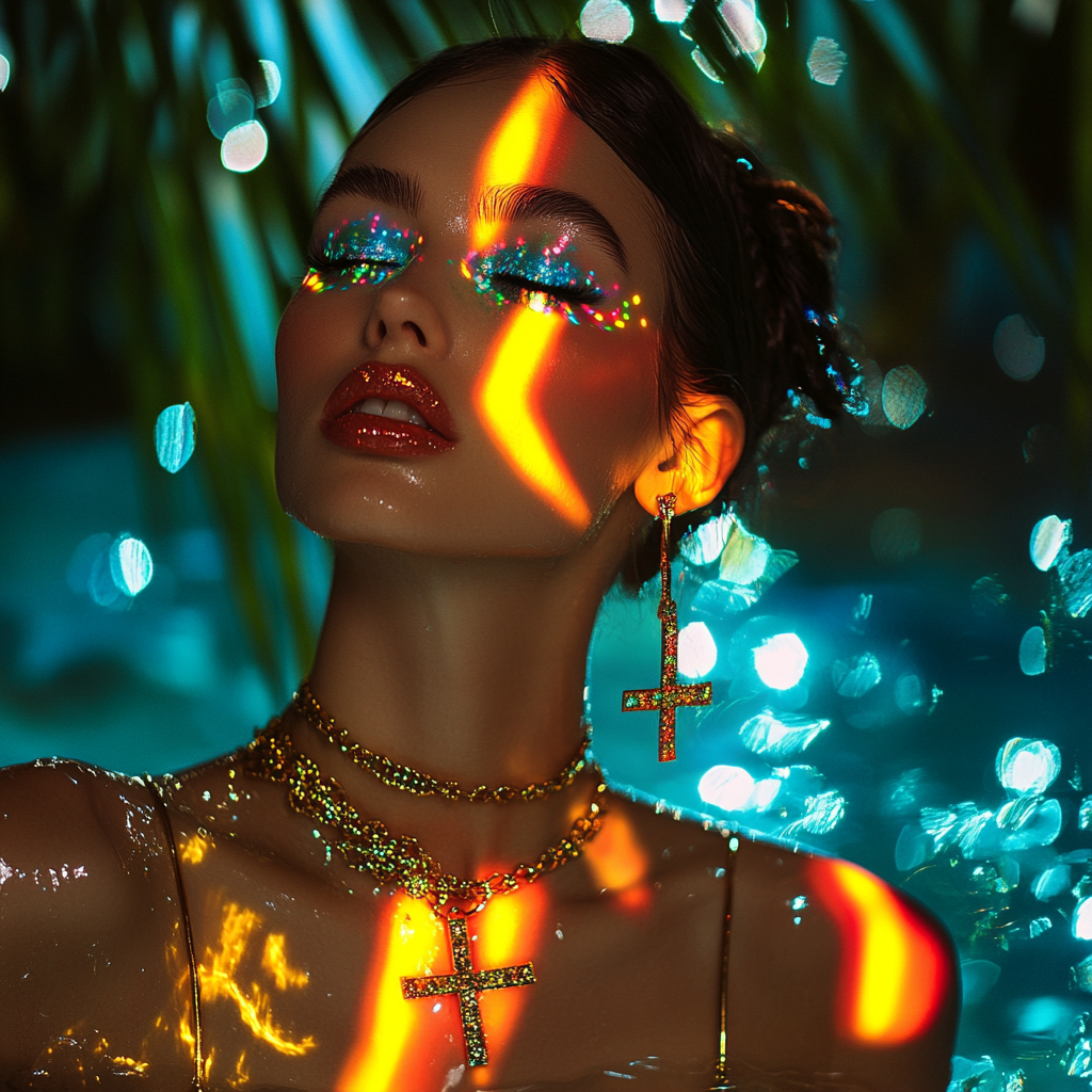 Woman with closed eyes, shiny makeup, and colorful light reflections on her face and shoulders, surrounded by blurred lights and greenery.