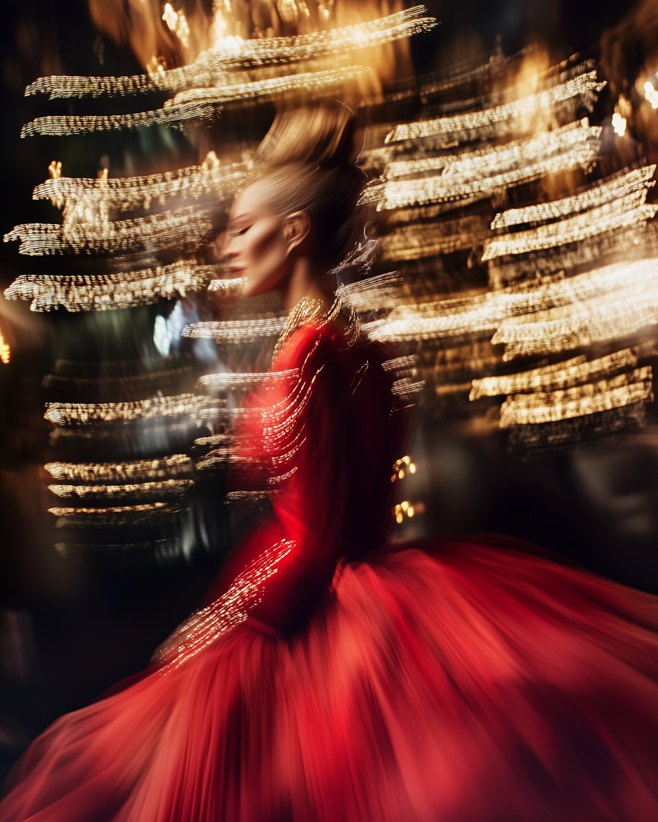 A woman in a red dress moving with lights creating a blurred streak effect in the background.