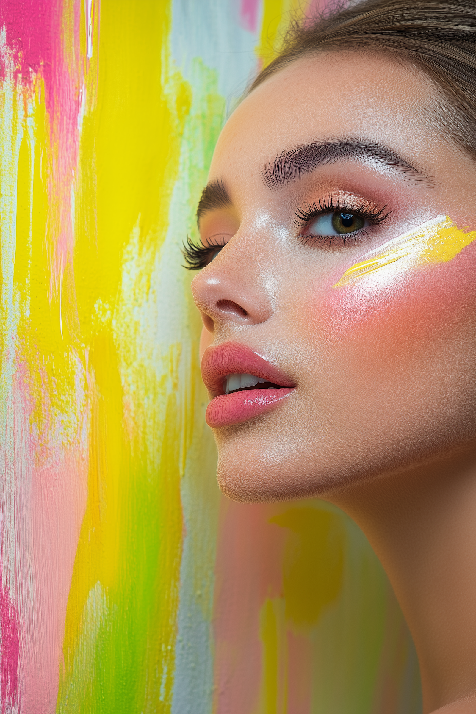 A close-up of a woman's face, showing her eye, eyebrow, and lips, with colorful abstract paint streaks in pink, yellow, green, and blue on the background.