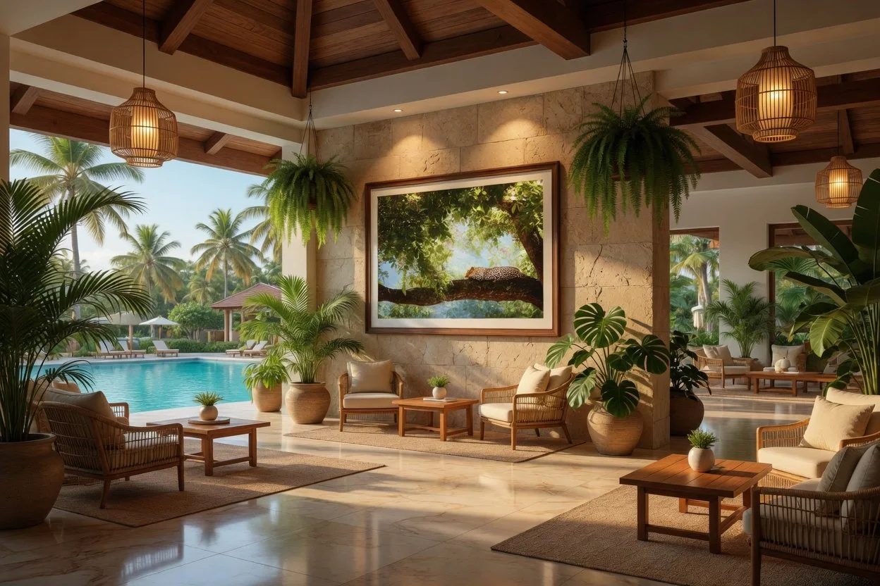 An indoor lounge area with large potted plants, framed landscape photograph, and outdoor pool view in a tropical resort setting.