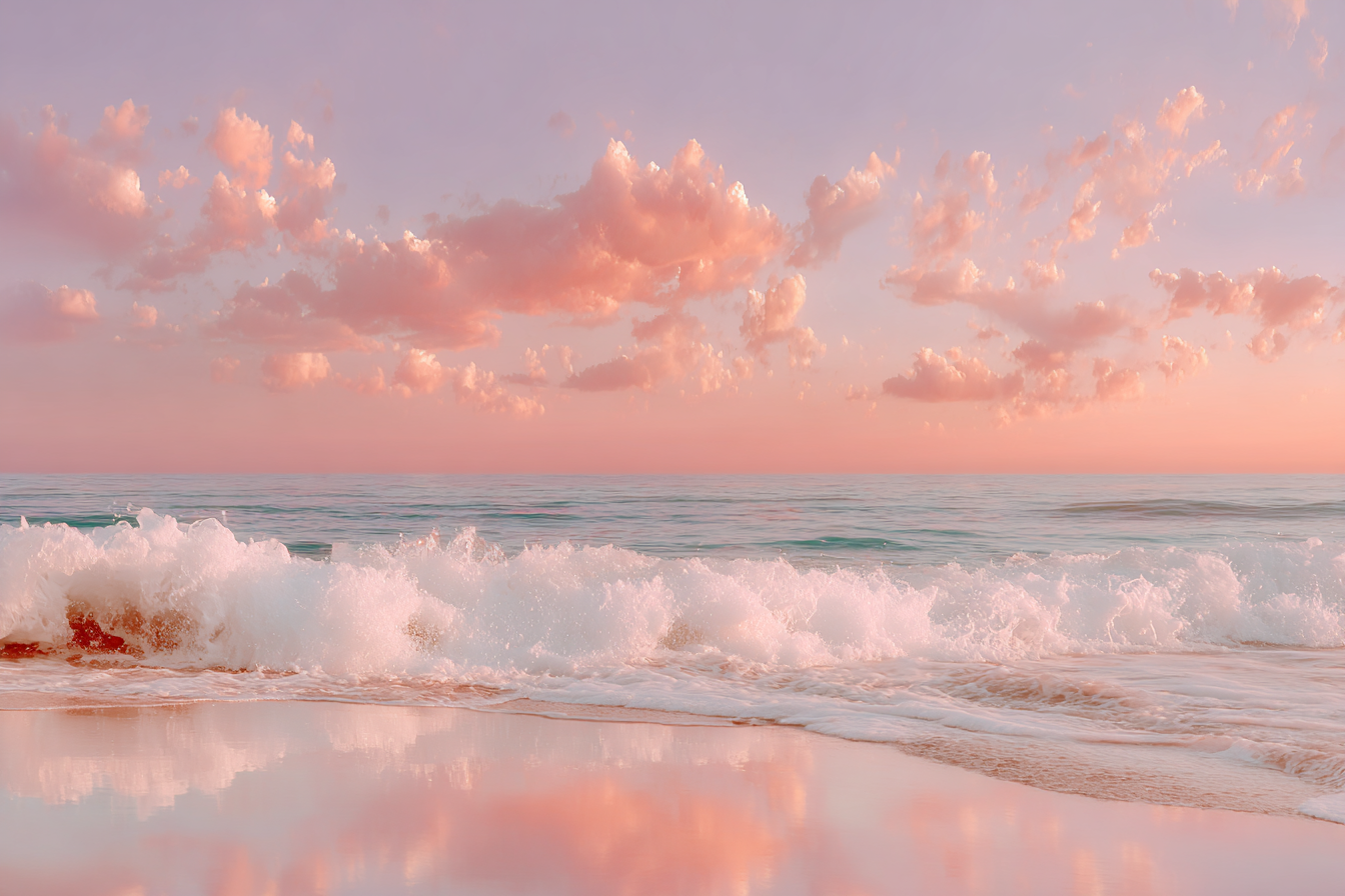 A serene beach scene during sunset with pink clouds in the sky, gentle waves hitting the shore, and a calm, reflective ocean surface.