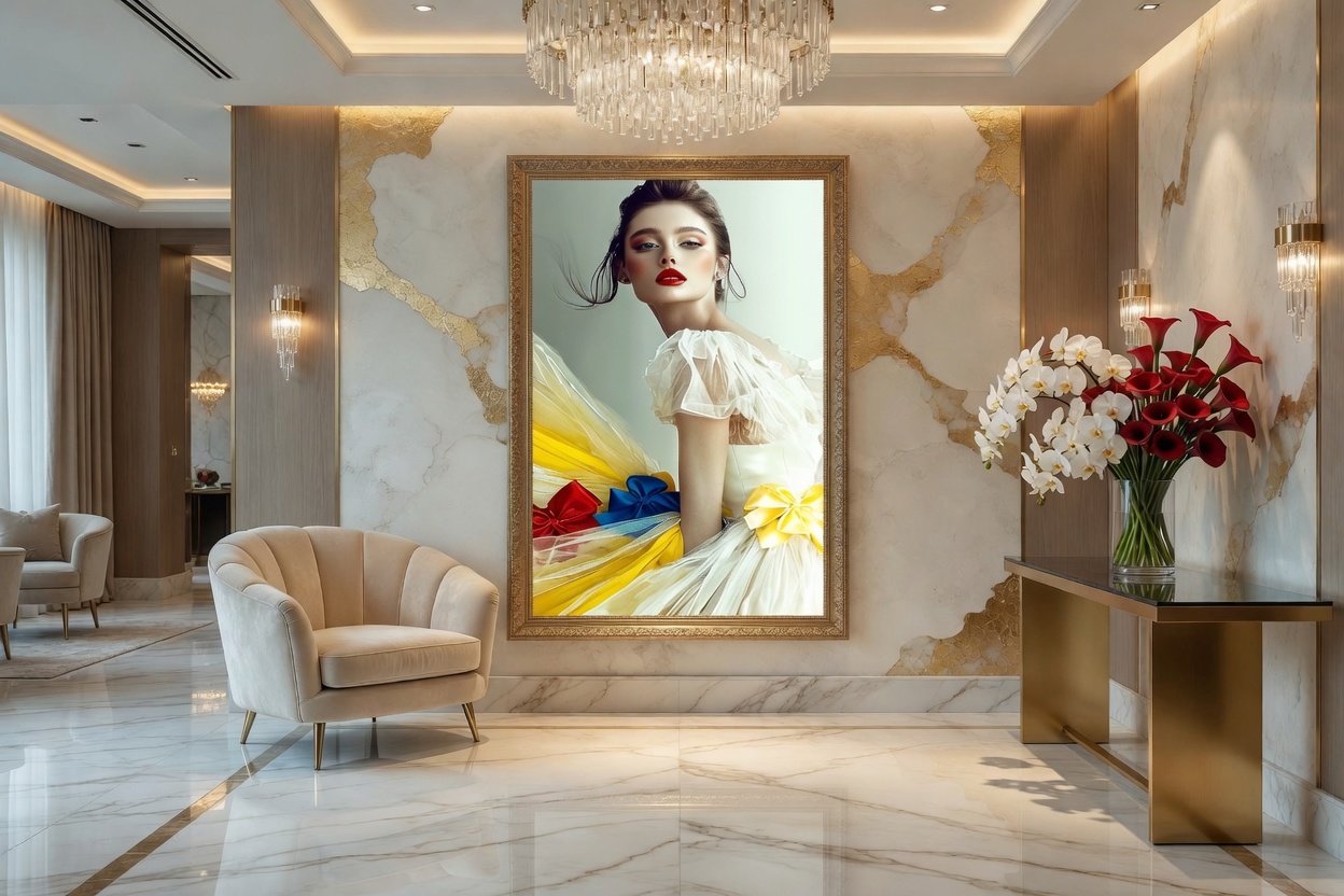Elegant hotel lobby with marble floors, a large framed portrait of a woman in a yellow dress with colorful ribbons, a chandelier hanging from the ceiling, a beige armchair, and a side table with a vase of white and red flowers.