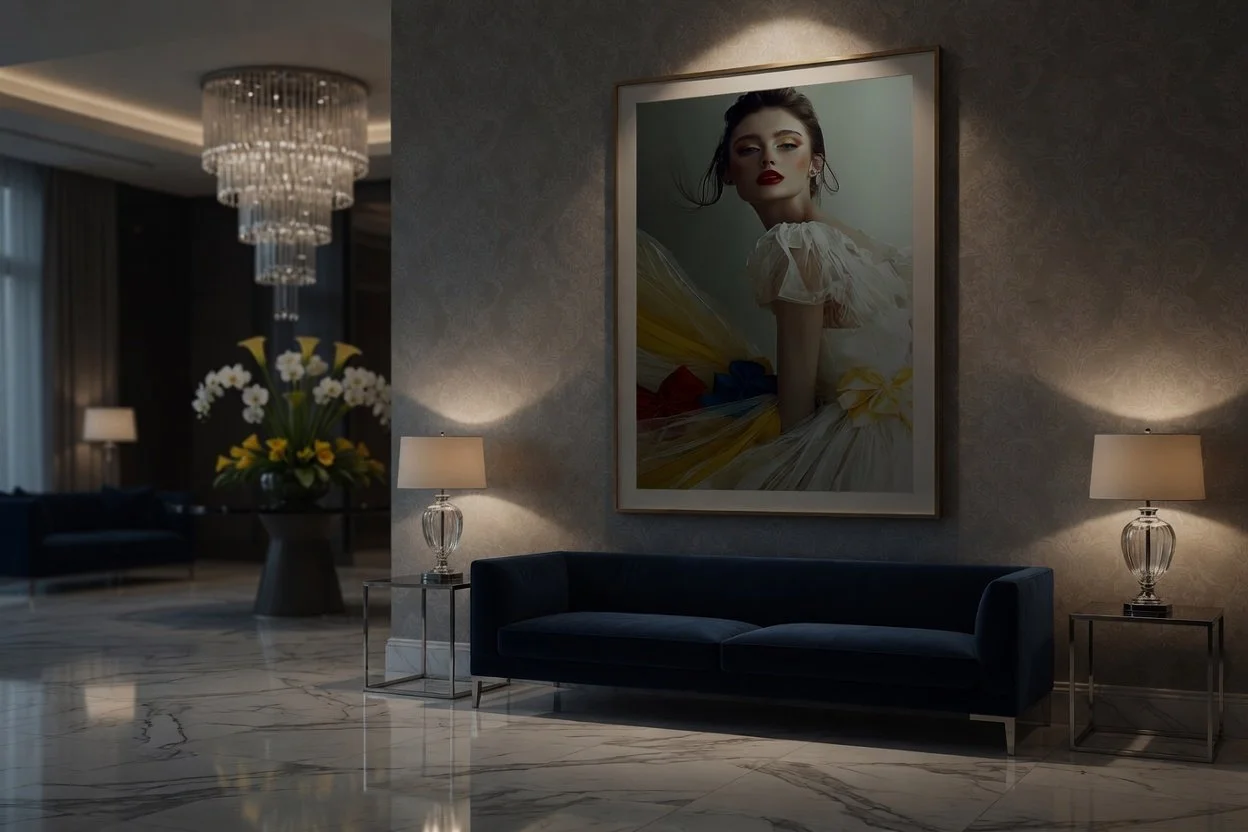 Luxurious hotel lobby with a black sofa, two side tables with lamps, a large framed portrait of a woman in a yellow dress, a flower arrangement with white orchids and yellow flowers, and a chandelier hanging from the ceiling.