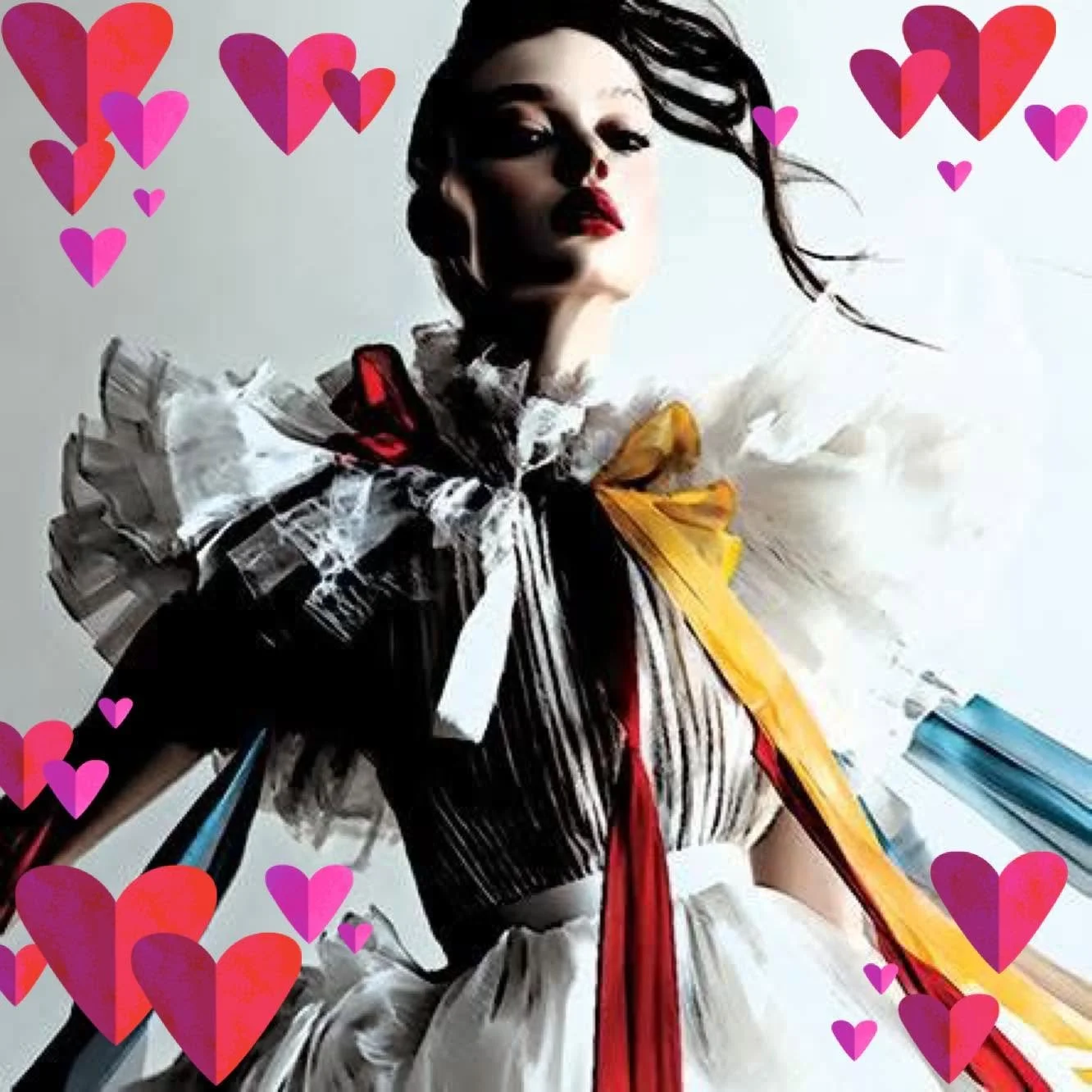 A woman with dark hair and red lipstick wearing a vintage-inspired dress with ruffled sleeves and large bows, surrounded by pink and purple heart graphics.